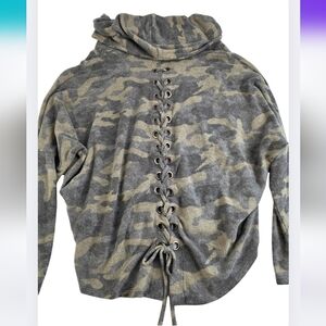 Ariella L Camouflage Cowl Neck Hooded Top Lace Up Back Grommets 1906-CM